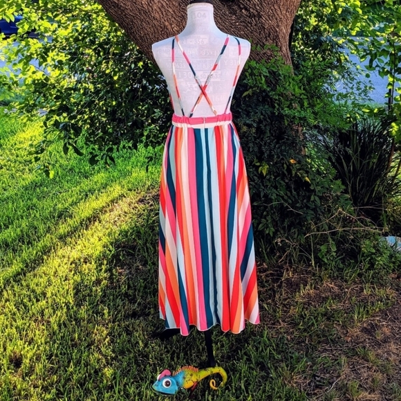 New Gorgeous Rainbow Striped V Plunge Maxi Dress - Picture 9 of 15